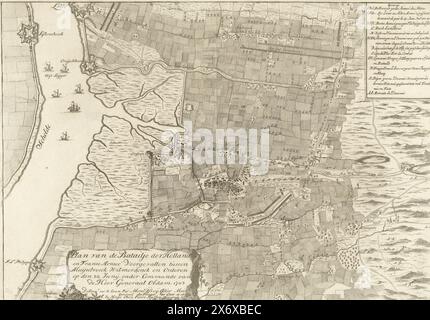 Mappa della battaglia di Ekeren, 1703, piano del Battaglione d'Olanda e dell'Armée francese eventi tra Muysebroeck Wilmerdonck e Orderen il 30 giugno, sotto il comando del signor generale Obdam. 1703 (titolo sull'oggetto), Mappa della battaglia di Ekeren sulla Schelda tra le truppe olandesi al comando di Jacob II van Wassenaer Obdam e i francesi, 30 giugno 1703. Edizione successiva, ora con la leggenda A-AA in alto a destra della targa francese, ma senza la pagina di testo sotto la stampa, stampa, stampatore: Anonimo, Frederik Thomas van Hangest-Genlis gezegd d'Yvoy, (menzionato sull'oggetto), editore Foto Stock