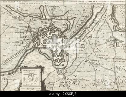 Assedio di Menin, 1706, le plan de Menin, et de ses environs, piano della città starck di Menen (titolo oggetto), piano dell'assedio di Menin da parte degli Alleati al comando del generale E.W. von Salisch, preso il 22 agosto 1706. In una barra sopra la mappa il titolo è in olandese e francese. Sotto, a sinistra del centro, un cartiglio con la leggenda A-H e la scala: 300 Roeden o Toises., stampa, stampatore: Anonimo, Charles Desbordes, (menzionato sull'oggetto), editore: Nicolaes Visscher (II), (menzionato sull'oggetto), tipografo: Paesi Bassi del Nord, editore: Amsterdam, editore: Amsterdam, 1706, cartaceo, incisione Foto Stock