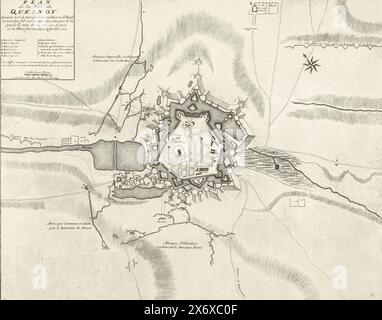 Mappa di le Quesnoy, 1712, Plan de la ville du Quesnoy investie le 8. De juin par le General baron de Fagel (...) et la Place fut rendie le 4. juillet 1712 (titolo ad oggetto), piano delle fortificazioni intorno alla città di le Quesnoy, catturato dagli Alleati sotto il comando del barone Fagel il 6 luglio 1712, dopo un assedio iniziato l'8 giugno. In alto a sinistra il cartiglio del titolo con la leggenda A-L e la scala: Echelle de 120 Toises., stampa, stampatore: Anonimo, editore: Anna Beeck, (menzionata sull'oggetto), sconosciuto, (menzionato sull'oggetto), l'Aia, 1712 - 1717, carta, incisione, altezza, 425 mm x larghezza, 538 mm Foto Stock