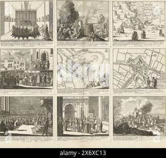 Teatro della guerra (pagina, Foglio con nove rappresentazioni di eventi dell'anno 1712 della Guerra di successione spagnola e mappe delle città fortificate. Iscrizioni nello spettacolo in olandese e latino. Piastra 12 nel lavoro di stampa con la serie in bundle di 33 lastre con rappresentazioni (la maggior parte divise in 9 scene più piccole) di eventi degli anni 1700-1727 della Guerra di successione spagnola e degli anni che seguirono, mappe e piani., stampa, tipografo: Pieter Schenk (i), editore: Pieter Schenk (i), (menzionato sull'oggetto), Staten van Holland en West-Friesland, (menzionato sull'oggetto), stampa Foto Stock