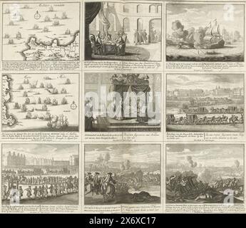 Teatro della guerra (pagina, Foglio con nove rappresentazioni di eventi dell'anno 1718 nella guerra contro i Turchi (1716-1718) e alcune mappe. Iscrizioni nello spettacolo in olandese e latino. Tavola 18 nella stampa con la serie in bundle di 33 lastre con rappresentazioni (la maggior parte divise in 9 scene più piccole) di eventi degli anni 1700-1727 della Guerra di successione spagnola e degli anni successivi, mappe e piani., stampa, stampatore: Leonard Schenk, (menzionato sull'oggetto), dopo il progetto di: Adolf van der Laan, (menzionato sull'oggetto), editore: Pieter Schenk (II), (menzionato sull'oggetto Foto Stock