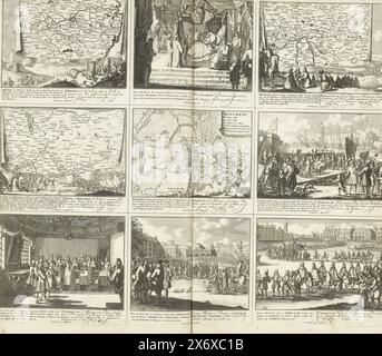 Teatro della guerra (pagina, Foglio con nove rappresentazioni di eventi dell'anno 1711 della Guerra di successione spagnola e mappe delle città fortificate. Iscrizioni nello spettacolo in olandese e latino. Piastra 11 nel lavoro di stampa con la serie in bundle di 33 lastre con rappresentazioni (la maggior parte divise in 9 scene più piccole) di eventi degli anni 1700-1727 della Guerra di successione spagnola e degli anni che seguirono, mappe e piani., stampa, stampatore: Adolf van der Laan, (menzionato sull'oggetto), su disegno di: Adolf van der Laan, (menzionato sull'oggetto), editore: Pieter Schenk ( Foto Stock