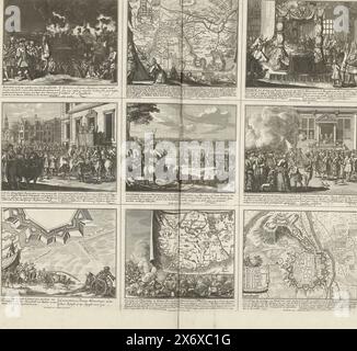 Teatro della guerra (pagina, Foglio con nove rappresentazioni di eventi dell'anno 1713 della Guerra di successione spagnola e mappe delle città fortificate. Iscrizioni nello spettacolo in olandese e latino. Tavola 13 nel lavoro di stampa con la serie in bundle di 33 lastre con rappresentazioni (la maggior parte divise in 9 scene più piccole) di eventi degli anni 1700-1727 della Guerra di successione spagnola e degli anni che seguirono, mappe e piani., stampa, tipografo: Pieter Schenk (i), editore: Pieter Schenk (i), (menzionato sull'oggetto), Staten van Holland en West-Friesland, (menzionato sull'oggetto), stampa Foto Stock