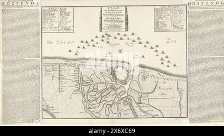 Assedio di Ostenda, 1706, piano di localizzazione della città di Ostenda, da parte delle truppe alleate, sotto il comando di SYN Excellency den Veltmarschalck Heer van Ouwerkerk, assediato, il 20 giugno 1706 (titolo oggetto), Mappa dell'assedio di Ostenda da parte degli Alleati al comando di Hendrik van Nassau, signore di Ouwerkerk, assediato dal 17 giugno, catturato il 6 luglio 1706. In cima ai cartigli con le leggende A-S e 1-18 in francese e olandese. I fogli di testo sono incollati su entrambi i lati della mappa con un resoconto dell'assedio in olandese e francese., stampa, stampatore: Anonimo, editore: Pieter Rotterdam, (menzionato in Foto Stock