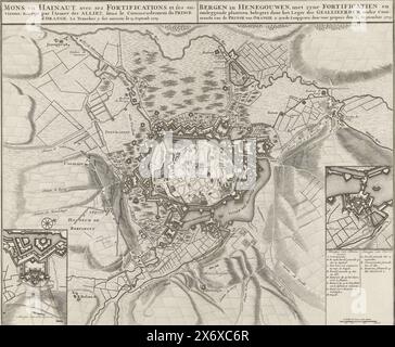 Assedio di Mons, 1709, Mons e Hainaut, con fortificazioni e ambienti; assistente per l'esercito di Alliez, sotto il encomio del principe d'Orange. L'inizio del 25 settembre 1709, Mons a Hainaut, con le sue fortificazioni e i suoi bypassi, assediato dall'esercito degli Alleati, sotto il comando del Principe di Orangie, e la trincea fu aperta per esso il 25 settembre 1709 (titolo sull'oggetto), Mappa dell'assedio di Mons (Mons) ad Hainaut da parte degli Alleati sotto il Principe d'Orange dal 25 settembre 1709. Con due inserti con rappresentazioni dettagliate di vari attacchi. Telaio inferiore destro A. Foto Stock