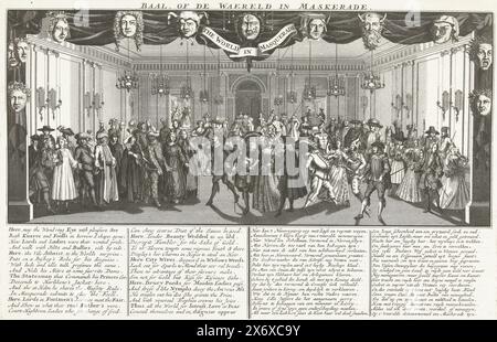 Bal, o il mondo in Masquerade, 1720, Baal. Oppure The World in Masquerade, The World in Masquerade (titolo sull'oggetto), Het Groote Tafereel der Foolishness (titolo della serie), Ball, o The World in Masquerade. Palcoscenico con una sala da ballo dove si celebra un ballo mascherato. Undici maschere pendono ai lati e sopra il palco, comprese quelle del diavolo, di un giullare, ecc.. Con didascalie in quattro colonne in inglese e olandese. Stampa 66 nella serie Tafereel der Foolheid con cartoni animati sul Windhandel o Actiehandel del 1720, anche se la stampa probabilmente non ha nulla a che fare con il commercio del vento., stampa, stampatore Foto Stock