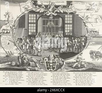 La caffetteria Quincampoix ad Amsterdam, 1720, Quinquanpoix (titolo sull'oggetto), Het Groote Tafereel der Foolishness (titolo della serie), rappresentazione centrale della caffetteria Quincampoix nella Kalverstraat, il centro del commercio d'azione ad Amsterdam, 1720. Nella cornice si fa riferimento ai progetti di Muiden, Utrecht, Harlingen, Weesp, Rotterdam e Mississippi. In fondo uno stemma composto da mulini a vento e la testa di un giullare. Nella didascalia un verso in quattro colonne. Stampa 10 nella serie Het Groote Tafereel der Foolishness con cartoni animati sul Windhandel o Actiehandel del 1720., stampa Foto Stock