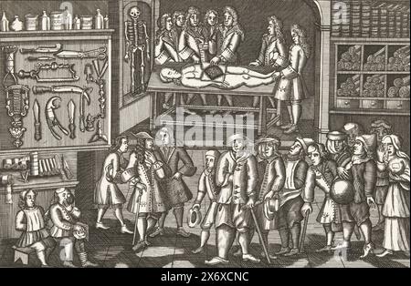 Il laboratorio della corporazione dei chirurghi ad Amsterdam, ca. 1725-1730, veduta del laboratorio della corporazione dei chirurghi ad Amsterdam, ca. 1725-1730. In primo piano una processione di pazienti presso uno studio medico con due assistenti, in background una lezione di anatomia. A sinistra una mostra di tutti gli strumenti chirurgici, a destra una credenza con libri e fogli arrotolati., stampa, stamperia: Anonimo, Paesi Bassi del Nord, 1725 - 1727, carta, incisione, incisione, altezza, 188 mm x larghezza, 261 mm Foto Stock