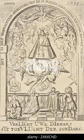 Scheda di preghiera con l'immagine della Vergine Maria ad Anversa, 1734, questa è la vera immagine della Santa madre di Dio Maria che riposa nel cast di Anversa (titolo sull'oggetto), scheda di preghiera con un certo numero di persone inginocchiate davanti ad un'immagine di Maria con il bambino nelle nuvole, secondo il titolo che riposa nel castello di Anversa, 1734. In fondo un verso di due righe., stampa, stampatore: Anonimo, Paesi Bassi meridionali, 1734, carta, incisione, altezza, 160 mm x larghezza, 105 mm Foto Stock