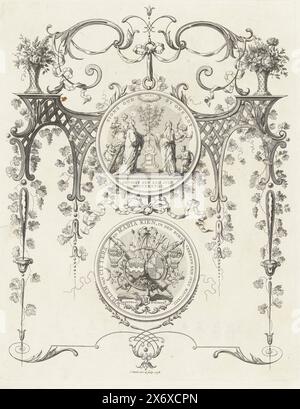 Rappresentazione decorativa con la medaglia per l'anniversario del matrimonio d'argento di Willem van Citters e Maria Kien, 1738, rappresentazione decorativa con la medaglia nuziale al matrimonio venticinquennale nel 1738 di Willem van Citters, direttore della VOC per la camera di Zelanda, dodici volte sindaco di Middelburg e Maria Kien, sposò il 22 luglio 1713., stampa, tipografo: Jan Punt, (menzionato sull'oggetto), su disegno personale di: Jan Punt, (menzionato sull'oggetto), Paesi Bassi del Nord, 1738, carta, incisione, altezza, 253 mm x larghezza, 197 mm Foto Stock