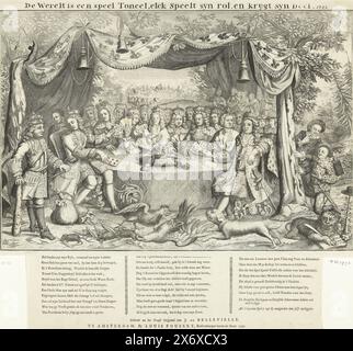 Allegoria sulla lotta di potere tra i monarchi europei per la corona imperiale, 1742, il mondo è un palcoscenico, ognuno gioca il proprio ruolo e ottiene la propria parte. 1742 (titolo sull'oggetto), la tenda francese eretta nel campo di Beyeren (titolo sull'oggetto), Allegoria sulla lotta di potere tra i monarchi europei per la corona imperiale tedesca nella guerra di successione austriaca, 1742. Sotto una tenda decorata con gigli francesi, i monarchi Card con la corona e lo scettro dell'Impero tedesco in gioco. Al tavolo a sinistra ci sono il re francese Luigi XV e Carlo Alberto, elettore di Baviera. Acceso Foto Stock