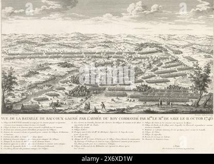 Battaglia di Rocourt, 1746, Vue de la Bataille de Raucoux gagné par l'armée du roy commandé par mgr. le mal. De Saxe le 11. ottobre. 1746 (titolo sull'oggetto), veduta della battaglia di Rocourt (Raucoux) presso Liegi l'11 ottobre 1746, in cui l'esercito francese al comando del maresciallo Moritz, il Graf von Sachsen sconfisse gli Alleati. Nella didascalia la leggenda A-& in francese., stampa, tipografo: Jean Baptiste Guélard, (menzionato sull'oggetto), dopo disegno di: S. Brouard, (menzionato sull'oggetto), editore: Joseph Limosin, (menzionato sull'oggetto), tipografo: Francia, (possibilmente), editore: Paris, editore: Paris, 1746 - 1748 Foto Stock