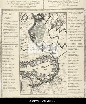 Mappa dell'assedio di Bergen op Zoom, 1747, nuovo piano di Bergen op Zoom, con i forti sulla linea dell'assedio e dell'attacco dei francesi, dal 16 luglio 1747, Nouveau Plan de la Ville de Berge sur le Zoom ( ...) (titolo sull'oggetto), mappa dell'assedio di Bergen op Zoom da parte dei francesi, iniziata il 12 luglio 1747. Mappa stampata da un unico piatto con le leggende in olandese e francese su entrambi i lati, il tutto in un bordo decorativo ., stampa, stampatore: Anonimo, dopo stampa di: Anonimo, editore: Pieter Schenk (II), (menzionato sull'oggetto), stampatore: Paesi Bassi del Nord, editore: Amsterdam, 1747, carta Foto Stock