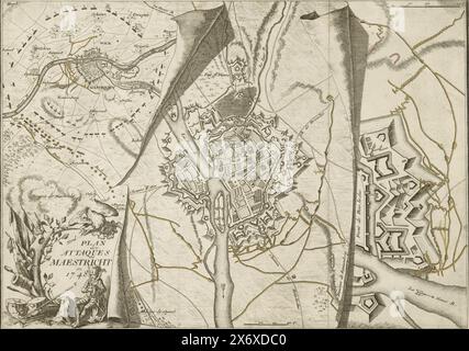 Piano d'assedio di Maastricht, 1748, Plan des Attaques de Maestricht en 1748 (titolo sull'oggetto), Mappa dell'assedio della città di Maastricht da parte dei francesi sotto Maurizio di Sassonia e Lowendal, dal 15 aprile e catturata il 7 maggio 1748. Tre fogli illusionisticamente arriccianti con mappe di Maastricht e dintorni, la città stessa e un bastione. In basso ha lasciato un cartiglio con un soldato riposante e armi. Le etichette sono colorate a mano., stampa, tipografo: Anonimo, Paesi Bassi del Nord, (eventualmente), 1748, carta, incisione, incisione, altezza, 212 mm x larghezza, 298 mm Foto Stock