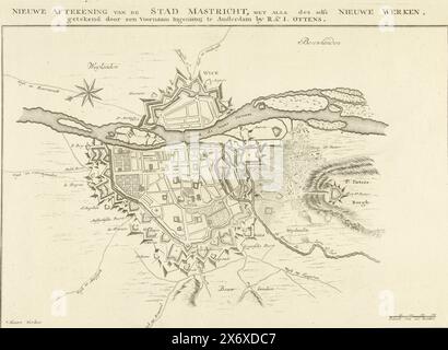 Mappa delle opere di difesa intorno alla città di Maastricht, 1748, nuovo profilo della città di Mastricht, con tutte le sue nuove opere, disegnate da un ingegnere illustre (titolo su oggetto), piano delle opere di difesa intorno alla città di Maastricht, al momento dell'assedio della città da parte dei francesi sotto Maurizio di Sassonia e Lowendal dal 15 aprile e catturato il 7 maggio 1748. In basso a destra una scala: Scala di 200 Roeden., stampa, stampatore: Anonimo, sconosciuto, (menzionato sull'oggetto), editore: Reinier Ottens (i) & Josua, (citato sull'oggetto), Amsterdam, 1748 - 1765, paper, incisione, incisione, altezza Foto Stock