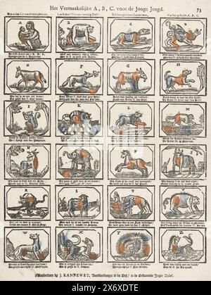 The Entertaining A, B, C. per i giovani (titolo sull'oggetto), Foglio 24 rappresentazioni delle lettere dell'alfabeto illustrate con animali le cui parole iniziano con la lettera in questione. Sotto ogni immagine un verso a due righe. Numerato in alto a destra: 73., stampa, editore: Johannes Kannewet (II), (menzionato sull'oggetto), stampatore: Anonimo, editore: Amsterdam, stampatore: Paesi Bassi, 1725 - 1780, carta, stampa intestata, altezza, 430 mm x larghezza, 320 mm Foto Stock