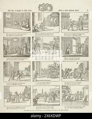 Che tu, o giovinezza! In questa stampa, qui ti ritroverai a giocare! (Titolo su oggetto), Foglio con 12 rappresentazioni di giochi per bambini. Centrare sopra il sigillo della società a beneficio del generale. Sotto ogni immagine un verso a due righe. Numerato in alto a destra: T., stampa, tipografo: Gerrit Oortman, (menzionato sull'oggetto), editore: Johannes Bouwer, (menzionato sull'oggetto), tipografo: Paesi Bassi, editore: Amsterdam, 1805 - 1808, carta, stampa tipografica, altezza, 422 mm x larghezza, 327 mm Foto Stock
