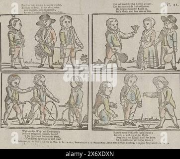Qui si vedono tre ragazzi deboli camminare, così veloci in piedi, così freschi di spiriti (...) (titolo su oggetto), Foglio con 4 rappresentazioni di giochi per bambini. Sopra o sotto ogni immagine un verso di quattro righe. Numerato in alto a destra: N. 21., stampatore: J. Robyn, (menzionato sull'oggetto), editore: Erven weduwe Cornelis Stichter, (menzionato sull'oggetto), stampatore: Paesi Bassi, editore: Amsterdam, 1715 - 1813, carta, stampa intestata, altezza, 325 mm x larghezza, 410 mm Foto Stock