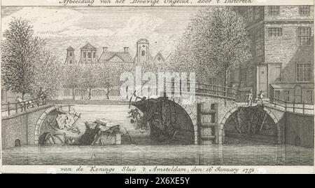 Collapsed Koningssluis in Amsterdam, 1752, immagine del triste incidente, dal crollo del Koningssluis 't Amsteldam, 16 gennaio 1752 (titolo sull'oggetto), Vista del Koningssluis che crollò il 16 gennaio 1752 sull'Herengracht, situato tra Koningsplein (destra) e Leidsestraat ad Amsterdam. anonimo, Paesi Bassi del Nord, 1752, carta, incisione, altezza, 78 mm x larghezza, 137 mm Foto Stock