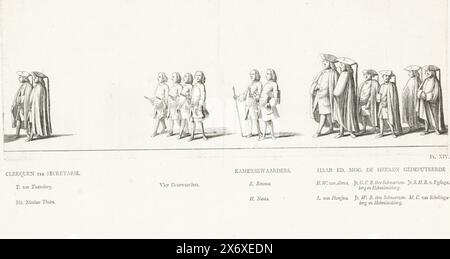 Impiegati e membri dell'Esecutivo Provinciale della Frisia nella processione funebre della Principessa Maria Luisa, 1765, processione funebre della Principessa Maria Luisa, 1765 (titolo della serie), Clerks e membri dell'Esecutivo Provinciale della Frisia. Contrassegnato in basso a destra: PL. XIV. Sul foglio sotto la targa i nomi delle persone nella processione. Parte della serie di piatti del funerale della principessa Maria Louise a Leeuwarden il 13 giugno 1765., stampa, stampatore: Rienk Jelgerhuis, editore: Abraham Ferwerda, Leeuwarden, 1765, carta, incisione, altezza, 290 mm x larghezza, 395 mm Foto Stock