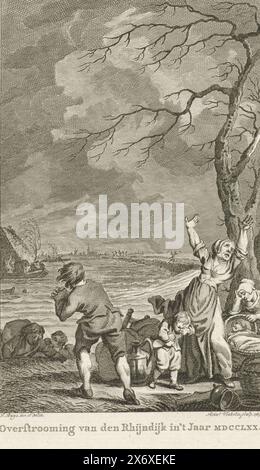 Inondazione del Rhijndijk in Gelderland, 1770, inondazione del Rhijndijk i't Jaar MDCCLXX (titolo sull'oggetto), inondazione dovuta all'inondazione del Rhijndijk in Gelderland, gennaio 1770. In primo piano una famiglia disperata con articoli per la casa., stampa, tipografo: Reinier Vinkeles (i), (menzionato sull'oggetto), dopo il disegno di: Jacobus Buys, (menzionato sull'oggetto), Paesi Bassi del Nord, 1789, carta, incisione, altezza, 220 mm x larghezza, 130 mm Foto Stock