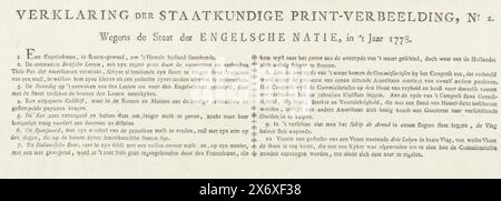 Spiegazione del secondo cartone animato sulle perdite inglesi nella battaglia con l'America, 1778, Verklaring der Staatkundig Print-verbeelding, n. 2. A causa dello Stato della Nazione inglese, nell'anno 1778 (titolo su oggetto), foglio di testo con una spiegazione della presentazione del secondo cartone animato sulle perdite inglesi nella battaglia con l'America nel 1778. Testo in due colonne con spiegazione dei numeri da 1 a 10., foglio di testo, stampatore: Anonimo, Paesi Bassi del Nord, 1778, carta, stampa intestata, altezza, 110 mm x larghezza, 415 mm Foto Stock