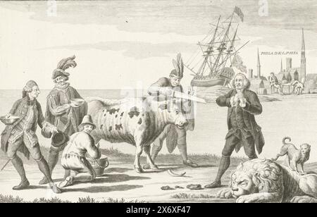 Cartoon on the English Losses in the Battle with America (1), 1778, primo cartone animato sulle perdite inglesi nella battaglia con l'America nel 1778. Il commercio inglese rappresentato da una mucca da latte le cui corna sono segate dal Congresso americano e che viene prelevato da un olandese munto. Anche un francese e uno spagnolo vogliono il latte. Sullo sfondo la nave inglese Eagle (17 settembre 1778), catturata e smantellata dagli americani, si fermò nei pressi di Filadelfia. In primo piano un piccolo cane (uno Steendogge) fa pipi' sul leone britannico addormentato, accompagnato da un inglese in tela di sacco che si tormenta le mani Foto Stock