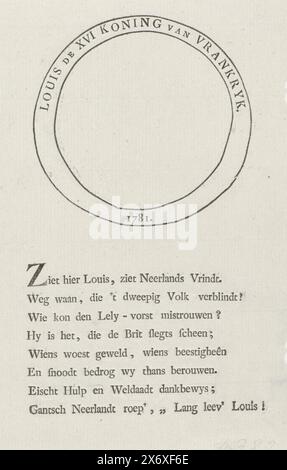 Medaglione vuoto per un ritratto di Luigi XVI, 1781, Luigi XVI re di Francia. 1781 (titolo sull'oggetto), foglio con medaglione vuoto destinato a un ritratto del re di Francia Luigi XVI, 1781. Con otto righe di lode al re., stampa, tipografo: Anonimo, Paesi Bassi del Nord, 1781, carta, stampa intestata, altezza, 171 mm x larghezza, 125 mm Foto Stock