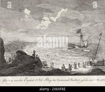 Stranding of General Barker at Zandvoort, 1781, Image from the English O.I.C. Ship General Barker affondò il 16 febbraio. 1781 (titolo sull'oggetto), Stranding of the English East Indiaman General Barker near Zandvoort, 16 febbraio 1781. A sinistra le dune, gli spettatori in primo piano e una barca da pesca sulla spiaggia., stampa, stampatore: Anonimo, Paesi Bassi del Nord, 1781, carta, incisione, incisione, altezza, 213 mm x larghezza, 252 mm Foto Stock