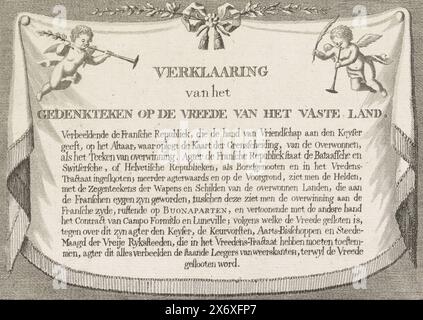 Spiegazione della stampa con l'Allegoria della Pace di campo formio, 1797, spiegazione del Memoriale sulla Pace della terraferma (titolo sull'oggetto), spiegazione della rappresentazione della stampa con l'Allegoria della Pace di campo formio, 17 ottobre 1797. Stoffa appendiabiti con testo, putti con trombe e rami d'ulivo negli angoli., stampa, stampatore: Anonimo, Paesi Bassi, 1797, carta, incisione, incisione, altezza, 187 mm x larghezza, 246 mm Foto Stock