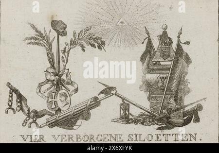 Quattro sagome nascoste in due trofei d'arma, 1787, quattro sirene nascoste (titolo sull'oggetto), quattro sagome nascoste in due trofei d'arma, 1787. Nella parte superiore centrale, l'occhio visibile. Le due silhouette a sinistra vicino al giogo rotto e la lancia della libertà sono di Joan Derk van der Capellen tot den Pol e del sindaco Hendrik Danielsz. Hooft, sulla destra, presso il monumento funebre dei defunti Cornelis Govert Visscher e Isaac van Goudoever. Gli stemmi delle quattro persone menzionate sono appesi agli ornamenti., stampa, tipografo: Anonimo, Paesi Bassi del Nord, 1787, carta, incisione Foto Stock