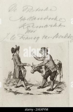 Frontespizio per: Johannes le Francq van Berkhey, De Politieke Hollandsche Koemarkt, 1787, prova del frontespizio per: Johannes le Francq van Berkhey, De Politieke Hollandsche Koemarkt, 1787. Una spia francese acquista la mucca olandese a mano da un vecchio agricoltore olandese., stampa, tipografo: Anonimo, dopo il disegno di: Johannes le Francq van Berkhey, (attribuito a), tipografo: Paesi Bassi del Nord, dopo il disegno di: Leida, 1787, carta, incisione, incisione, altezza, 218 mm x larghezza, 132 mm Foto Stock