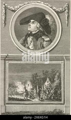 Ritratto di Cornelis Govert Visscher e lo scontro a fuoco a Vreeswijk, 1787, Foglio con un medaglione in cima con il ritratto di Cornelis Govert Visscher, busto a sinistra, sopra un'immagine dello scontro a fuoco in cui fu ucciso. Battaglia sul canale vicino a Vreeswijk fuori Utrecht tra cittadini armati della milizia di Utrecht e truppe del reggimento Van Efferen, la sera del 9 maggio 1787. 1787, carta, incisione, incisione, altezza, 193 mm x larghezza, 112 mm Foto Stock