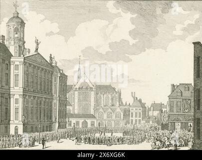 Nomina di due nuovi sindaci ad Amsterdam, 1787, cerimonia solenne per un grande pubblico in Piazza Dam di fronte al municipio per l'elezione di due nuovi sindaci ad Amsterdam, 7 luglio 1787., stampa, tipografo: Willem Kok, su progetto di: Willem Kok, Paesi Bassi settentrionali, 1787, carta, incisione, incisione, altezza, 209 mm x larghezza, 237 mm Foto Stock