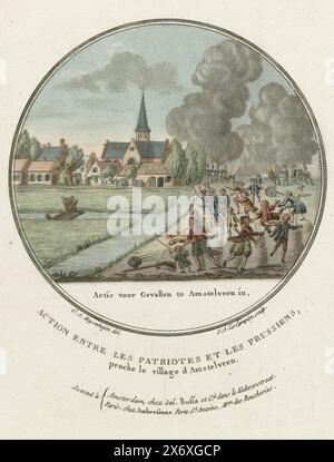 Attack on Amstelveen, 1787, Action for the Fallen to Amstelveen in, Action entre les Patriotes et les Prussiens, proche le Village d Amstelveen (titolo sull'oggetto), placche francesi degli attacchi prussiani vicino ad Amsterdam nel 1787 (titolo della serie), attacco alla città di Amstelveen da parte delle truppe prussiane, 1 ottobre, 1787. I residenti fuggono dalla città. Parte di una serie di quattro rappresentazioni francesi degli attacchi prussiani intorno ad Amsterdam, in medaglioni rotondi., stampa, tipografo: Joseph-Alexandre le Campion, (menzionato sull'oggetto), dopo aver disegnato da: G.A. Meysenheym, (menzionato sull'oggetto), editore Foto Stock