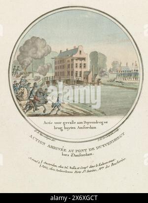 Attacco al ponte Duivendrechtse, 1787, azione per i caduti al ponte di Duyvendregse buyten Amsterdam, azione arrivée au pont de Duyvendregt hors d'Amsterdam (titolo sull'oggetto), targhe francesi degli attacchi prussiani vicino ad Amsterdam nel 1787 (titolo della serie), attacco al ponte di Duivendrecht da parte delle truppe prussiane, 1 ottobre 1787. Parte di una serie di quattro rappresentazioni francesi degli attacchi prussiani intorno ad Amsterdam, in medaglioni rotondi., stampa, stampatore: Joseph-Alexandre le Campion, (menzionato sull'oggetto), dopo aver disegnato da: G.A. Meysenheym, (menzionato sull'oggetto), editore: Jos. Buffa et Foto Stock