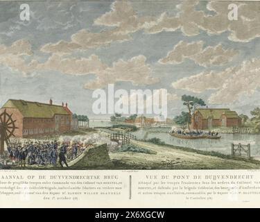 Attacco al ponte Duivendrecht, 1787, attacco al ponte Duyvendrecht da parte delle truppe prussiane al comando del colonnello van Borstel, e difeso dalla brigata Gelderland, dai miliziani di Amsterdam e da altri uomini, sotto il comando del maggiore Harmen Willem Daandels il 1 ottobre 1787, Vue du Pont de Duijvendrecht (...) (titolo oggetto), battaglie con le truppe prussiane intorno ad Amsterdam nel 1787 (titolo della serie), attacco al ponte di Duivendrecht da parte delle truppe prussiane sotto il comando del colonnello Van Borstel, difese dalla brigata Gheldria e dai fucilieri di Amsterdam sotto il comando di Foto Stock