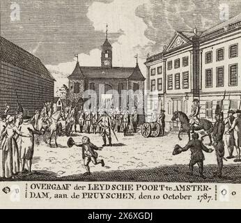 Resa del Leidsepoort ai prussiani, 1787, resa del Leidsepoort ad Amsterdam ai prussiani, 10 ottobre 1787 (titolo in oggetto), resa del Leidsepoort ad Amsterdam alle truppe prussiane, 10 ottobre 1787. Immagine appartenente alla lettera o di un libro ABC., stampa, tipografo: Anonimo, Paesi Bassi del Nord, 1787 - 1790, carta, incisione, altezza, 95 mm x larghezza, 121 mm Foto Stock