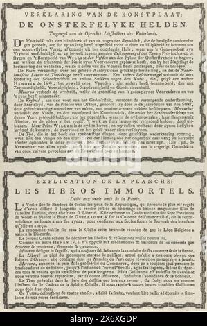 Spiegazione della stampa: Eroi immortali, 1787, spiegazione della tavola d'arte: Gli Eroi immortali, Explcation de la planche: Les Heros Immortels (titolo sull'oggetto), foglio di testo con spiegazioni in olandese e francese della rappresentazione della stampa con l'allegoria sul restauro dello stadtholder Guglielmo V nel 1787., foglio di testo, editore: anonimo, Paesi Bassi del Nord, 1787, carta, stampa intestata, altezza, 255 mm x larghezza, 173 mm Foto Stock