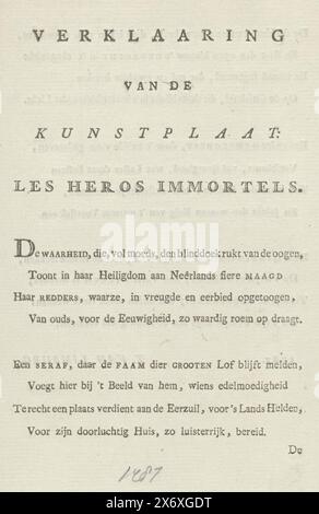 Spiegazione in versi per la stampa: Eroi immortali, 1787, spiegazione della tavola d'arte: Les Heros Immortels (titolo sull'oggetto), foglio di testo con una spiegazione in versi della raffigurazione della stampa con l'allegoria sul recupero dello stadtholder Guglielmo V nel 1787. Pagina piegata con cinque versi., foglio di testo, Thomas van Limburg, (menzionato sull'oggetto), Paesi Bassi settentrionali, 1787, carta, stampa intestata, altezza, 217 mm x larghezza, 142 mm Foto Stock