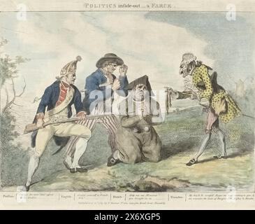 Una farsa politica, Politics Inside-out - una farsa (titolo sull'oggetto), quattro cartoni animati inglesi su The Patriots nel 1787 (titolo della serie), Un patriota olandese si inginocchia sul terreno e chiede aiuto a un francese. Tuttavia, il francese gli mostra dispreosamente il suo portafoglio vuoto. A sinistra un soldato prussiano e un marinaio inglese. La didascalia contiene i testi dei quattro personaggi principali. Parte di un gruppo di quattro cartoni animati sui patrioti al momento dell'invasione prussiana nell'ottobre 1787. La versione originale con iscrizioni in inglese pubblicata a Londra. Vedere anche la lampada a sospensione e il relativo paio di Foto Stock