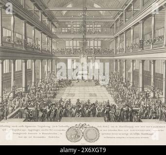 Prima assemblea generale della società a beneficio di 't General, 1790, immagine della prima assemblea generale (nella Luthersche Oude Kerk) della società: A beneficio di 't General; il 10 agosto 1790 (titolo oggetto), la prima assemblea generale del Maatschappij voor Nut van 't Algemeen. Si è tenuto il 10 agosto all'Oude Lutherse Kerk di Amsterdam. Interno della Chiesa in cui i membri sono riuniti per l'incontro. Al centro della didascalia a quattro righe, sono raffigurati entrambi i lati di una medaglia. La didascalia include anche la dedica a Jan per conto di tre membri della società Foto Stock