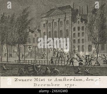 Heavy fog in Amsterdam, 1790, Heavy fog in Amsterdam, 31 dicembre 1790 (titolo su oggetto), Heavy fog in Amsterdam il 31 dicembre 1790. Vista del Keizersgracht per Felix Meritis. Le persone attraversano la strada con le torce, una carrozza è caduta nel canale., stampa, tipografo: Cornelis Brouwer, Paesi Bassi settentrionali, 1791 - 1792, carta, incisione, incisione, altezza, 98 mm x larghezza, 116 mm Foto Stock