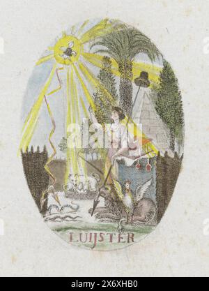 Vergine olandese nel sole francese, 1795, Luijster (titolo sull'oggetto), vignetta ovale allegorica del 1795 con la Vergine olandese nel giardino olandese in cui un Keeshond allena la giovane. L'ingresso è sorvegliato dal leone olandese e dal gallo francese. Dal cielo, il giardino è bagnato dai raggi del sole francese. Vedere anche pendente., stampa, stampatore: Anonimo, Paesi Bassi, 1795, carta, altezza, 112 mm x larghezza, 90 mm Foto Stock