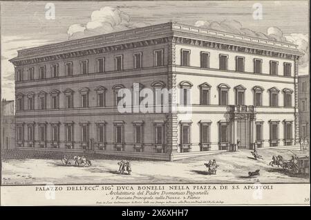 Palazzo Valentini a Roma, Palazzo dell'ecc.mo sig.r duca Bonelli nella Piazza de S. Apostol (...) (titolo sull'oggetto), edifici moderni a Roma (titolo della collana), il quarti libro del nuovo teatro delli palazzi in prospettiva di Roma moderna daton in luce sotto il felice pontificato de nostro signore papa Innocenzo XI (... .) (libro quarto) (titolo della collana), il nuovo teatro di Roma moderna (titolo della collana), titolo e una lista esplicativa dei numeri in basso. La stampa fa parte di un album., stampa, stampatore: Alessandro specchi, (menzionato sull'oggetto), dopo il disegno di: Alessandro specchi, ( Foto Stock