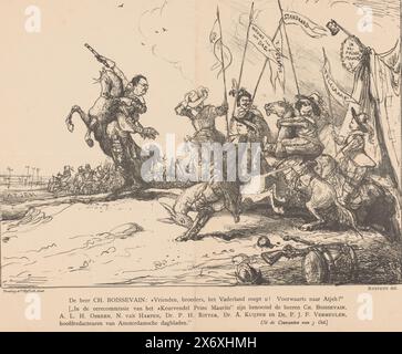 Finalmente! La soluzione al problema di Aceh (titolo su oggetto), Cartoon sui giornali di Amsterdam che sostengono facilmente soluzioni al problema di Aceh. Boissevain, caporedattore dell'Algemeen Handelsblad, chiede agli altri di seguirlo ad Aceh, ma si rifiutano. Apparso nel supplemento di 'De Kroniek' del 25 ottobre 1896., stampatore: Marius Bauer, (menzionato sull'oggetto), stampatore: Tresling & Comp., (menzionato sull'oggetto), editore: Scheltema & Holkema's Boekhandel, stampatore: Paesi Bassi, stampatore: Amsterdam, editore: Amsterdam, 25-Ott-1896, carta, altezza, 305 mm x larghezza, 408 mm Foto Stock
