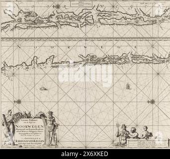 Passa la mappa di una parte della costa della Norvegia nelle vicinanze di Bergen, nuova mappa della costa della Norvegia: partendo da Bommelsondt fino al Wtweer Klikken accuratamente redatto e corretto da molti errori (titolo sull'oggetto), passa la mappa di una parte della costa della Norvegia vicino a Bergen, con due rose di bussola, North è sulla sinistra. In basso a sinistra c'è un cartiglio con il titolo e l'indirizzo dell'editore, che mostra una donna con la corona della città e il corno di abbondanza e un dio del mare con lo stoccafisso e una canna d'acqua. C'è uno scoiattolo vicino alla cornucopia. In basso a destra Nettuno e due mercenari sulla scala, mostrati Foto Stock