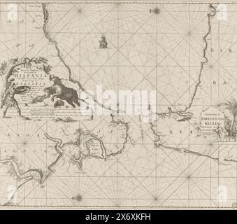 Carta nautica dello stretto di Gibilterra, carta New Pass della costa della Spagna. Da 't Klif a Velez Malaga, così come la costa di Barbaria. Da Larache a Belis. Con tutta la sua profondità e siccità Naau-keurigh preparata dagli amanti della navigazione marittima (titolo sull'oggetto), passa la mappa dello stretto di Gibilterra, con due rose di bussola, il Nord è sulla sinistra. Sulla sinistra un cartouche con il titolo e la scala in tedesco, spagnolo e inglese o francese. Una corrida si svolge intorno al titolo. A destra dell'indirizzo dell'editore c'è una palma e alcuni uomini con turbanti Foto Stock