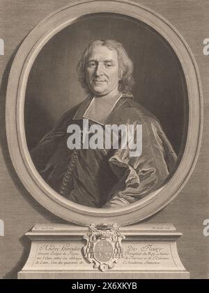 Ritratto di André Hercules de Fleury, André Hercules De Fleury (titolo sull'oggetto), stampa, tipografo: Francois Chéreau (i), (menzionato sull'oggetto), dopo aver dipinto di: Hyacinthe Rigaud, (menzionato sull'oggetto), J.S. Brissart, (menzionato sull'oggetto), Francia, 1728 - 1729, carta, incisione, altezza, 424 mm x larghezza, 320 mm Foto Stock