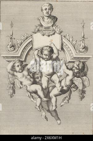 Putti portano un arco con busto, quattro putti portano un arco di pietra con scettri, due corone e un busto di un uomo., stampa, tipografo: Benedikt Winkler, (menzionato sull'oggetto), editore: Johann Daniel Herz (i), (menzionato sull'oggetto), Augusta, 1737 - 1754, carta, incisione, altezza, 266 mm x larghezza, 189 mm Foto Stock